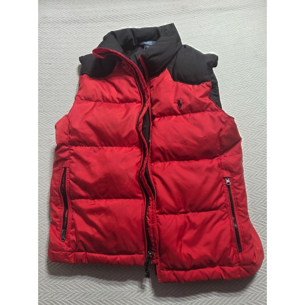 Polo Ralph Lauren Boys S 8 Red Black Down Puffer Vest Zip Pockets Pony